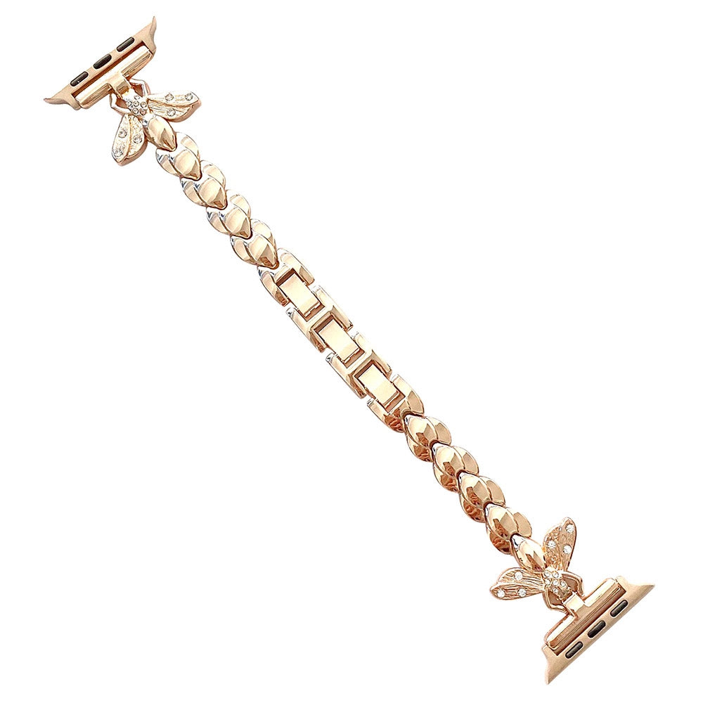 For Apple Watch Series 9 8 7 41mm 6 5 SE SE(2022) SE (2023) 4 40mm 3 2 1 38mm Cute Bee-shape Rhinestone Decor Stainless Steel Watch Band Wrist Strap