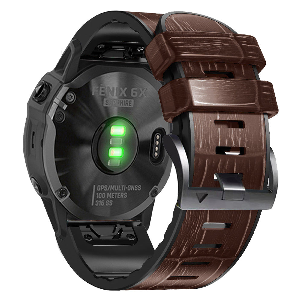 For Garmin Fenix 7X 6X Pro Tactix 7 26mm Crocodile Texture Leather Coated Silicone Watchband Wrist Strap Replacement