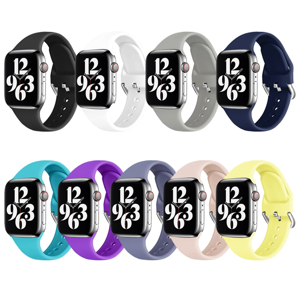 For Apple Watch Series 9 8 7 41mm 6 5 4 SE (2023) SE(2022) SE 40mm 3 2 1 38mm Soft Silicone Watch Band Adjustable Wrist Strap with Silver Pin Buckle