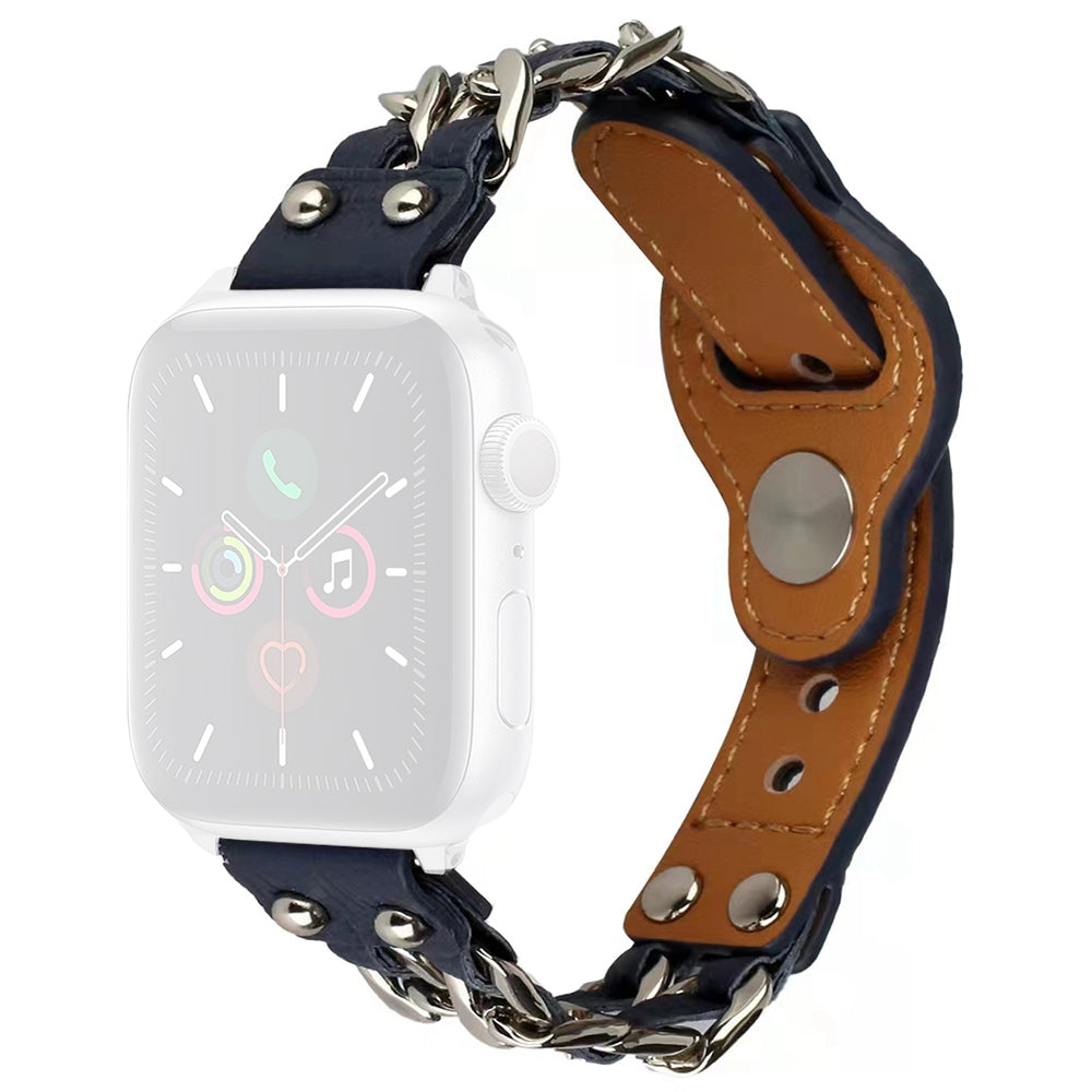 For Apple Watch Series 9 8 7 41mm 6 5 4 SE (2023) SE(2022) SE 40mm 3 2 1 38mm Metal Chain Watch Band Top Layer Cowhide Leather Replacement Wrist Strap