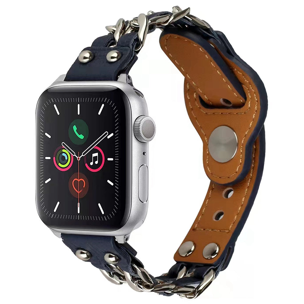 For Apple Watch Series 9 8 7 41mm 6 5 4 SE (2023) SE(2022) SE 40mm 3 2 1 38mm Metal Chain Watch Band Top Layer Cowhide Leather Replacement Wrist Strap