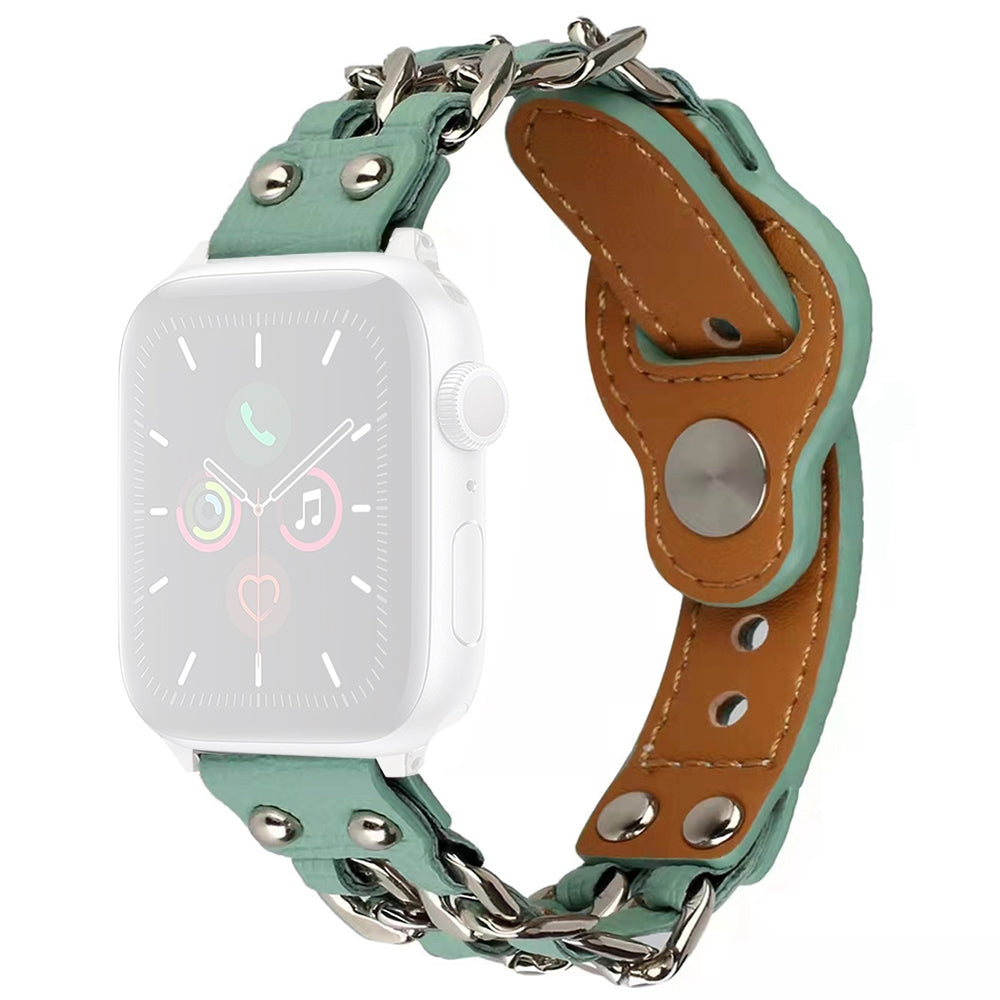 For Apple Watch Series 9 8 7 41mm 6 5 4 SE (2023) SE(2022) SE 40mm 3 2 1 38mm Metal Chain Watch Band Top Layer Cowhide Leather Replacement Wrist Strap