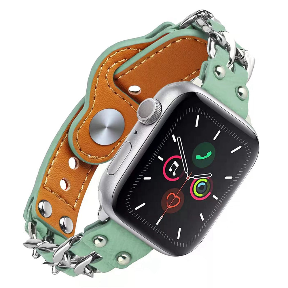 For Apple Watch Series 9 8 7 41mm 6 5 4 SE (2023) SE(2022) SE 40mm 3 2 1 38mm Metal Chain Watch Band Top Layer Cowhide Leather Replacement Wrist Strap