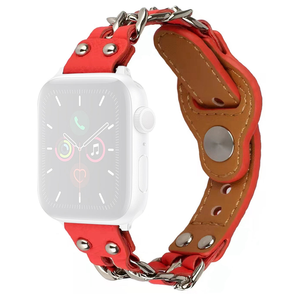 For Apple Watch Series 9 8 7 41mm 6 5 4 SE (2023) SE(2022) SE 40mm 3 2 1 38mm Metal Chain Watch Band Top Layer Cowhide Leather Replacement Wrist Strap