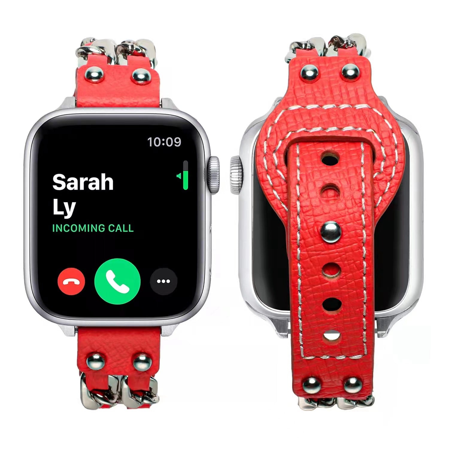 For Apple Watch Series 9 8 7 41mm 6 5 4 SE (2023) SE(2022) SE 40mm 3 2 1 38mm Metal Chain Watch Band Top Layer Cowhide Leather Replacement Wrist Strap