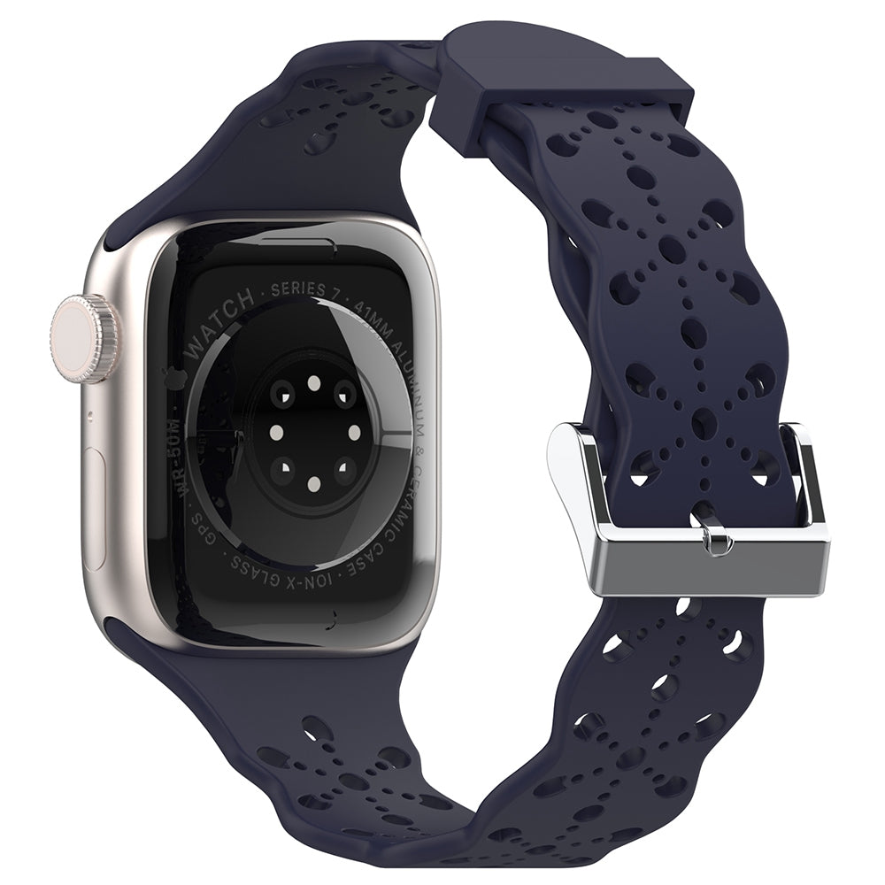 A057 For Apple Watch Series 9 8 7 41mm 6 5 4 SE (2023) SE(2022) SE 40mm 3 2 1 38mm Silicone Watch Band Hollow-out Flower Pattern Wrist Strap Replacement