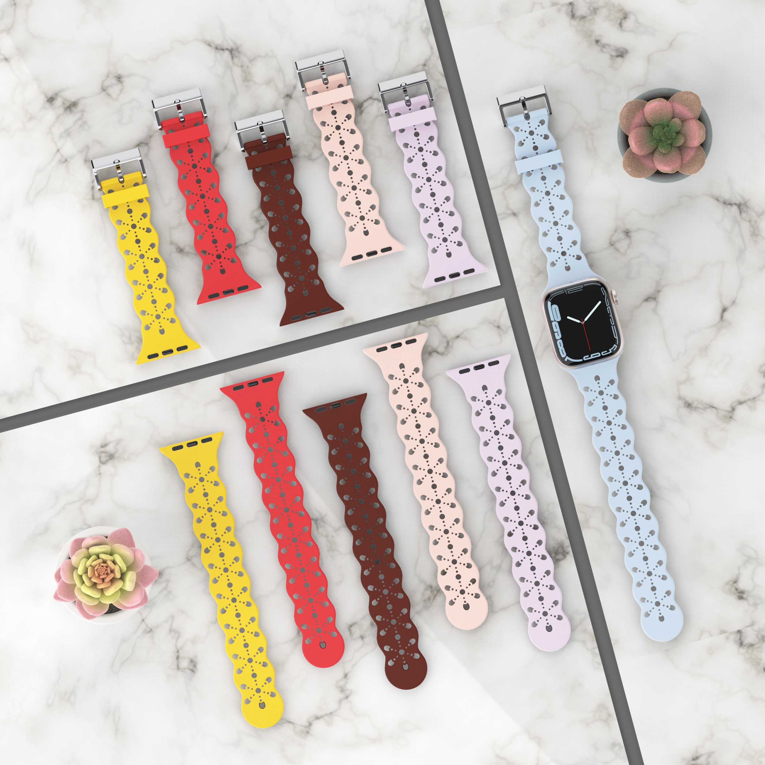 A057 For Apple Watch Series 9 8 7 41mm 6 5 4 SE (2023) SE(2022) SE 40mm 3 2 1 38mm Silicone Watch Band Hollow-out Flower Pattern Wrist Strap Replacement
