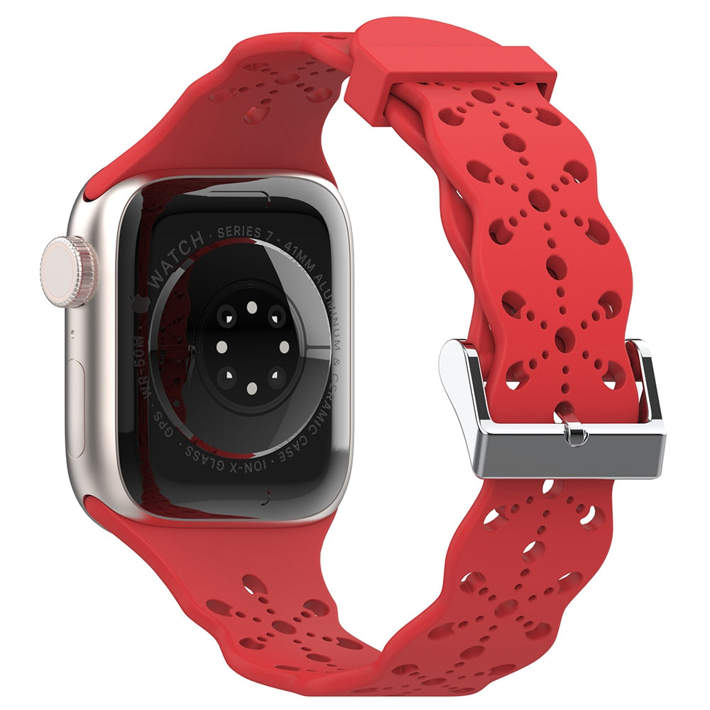 A057 For Apple Watch Series 9 8 7 41mm 6 5 4 SE (2023) SE(2022) SE 40mm 3 2 1 38mm Silicone Watch Band Hollow-out Flower Pattern Wrist Strap Replacement