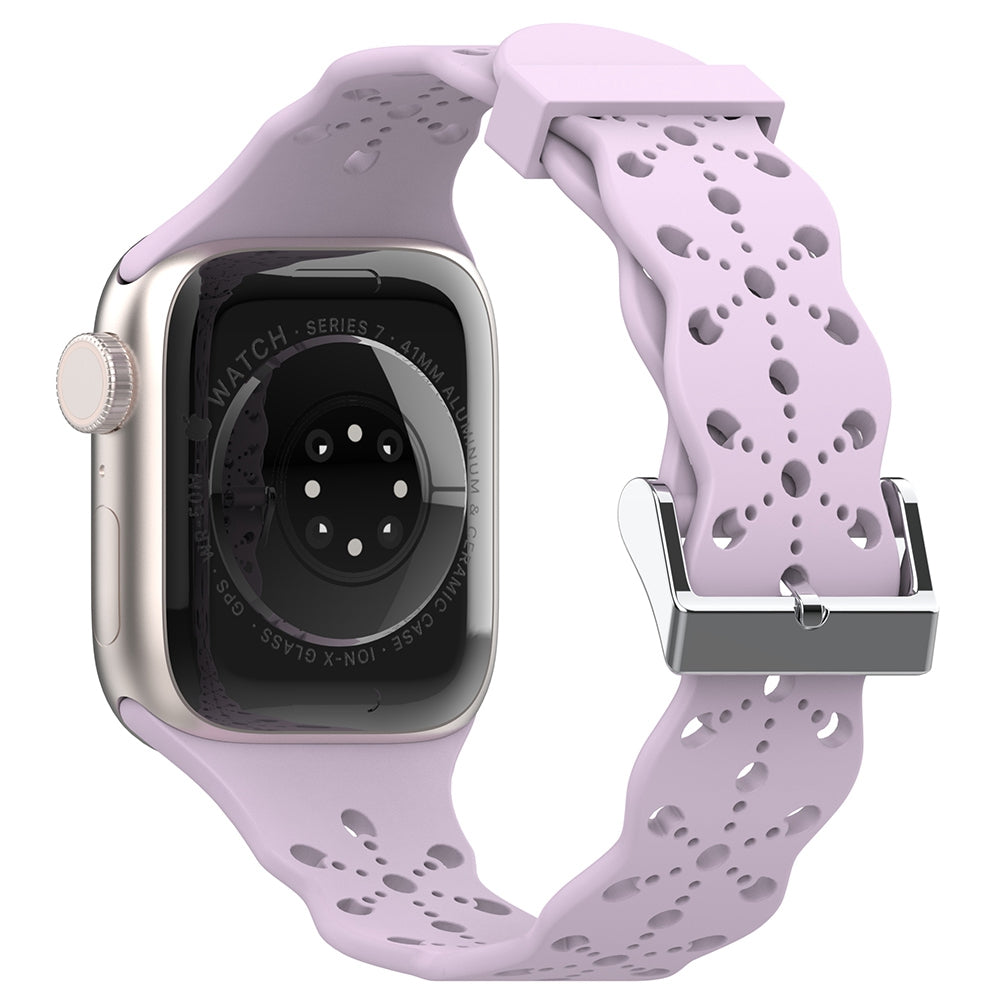 A057 For Apple Watch Series 9 8 7 41mm 6 5 4 SE (2023) SE(2022) SE 40mm 3 2 1 38mm Silicone Watch Band Hollow-out Flower Pattern Wrist Strap Replacement