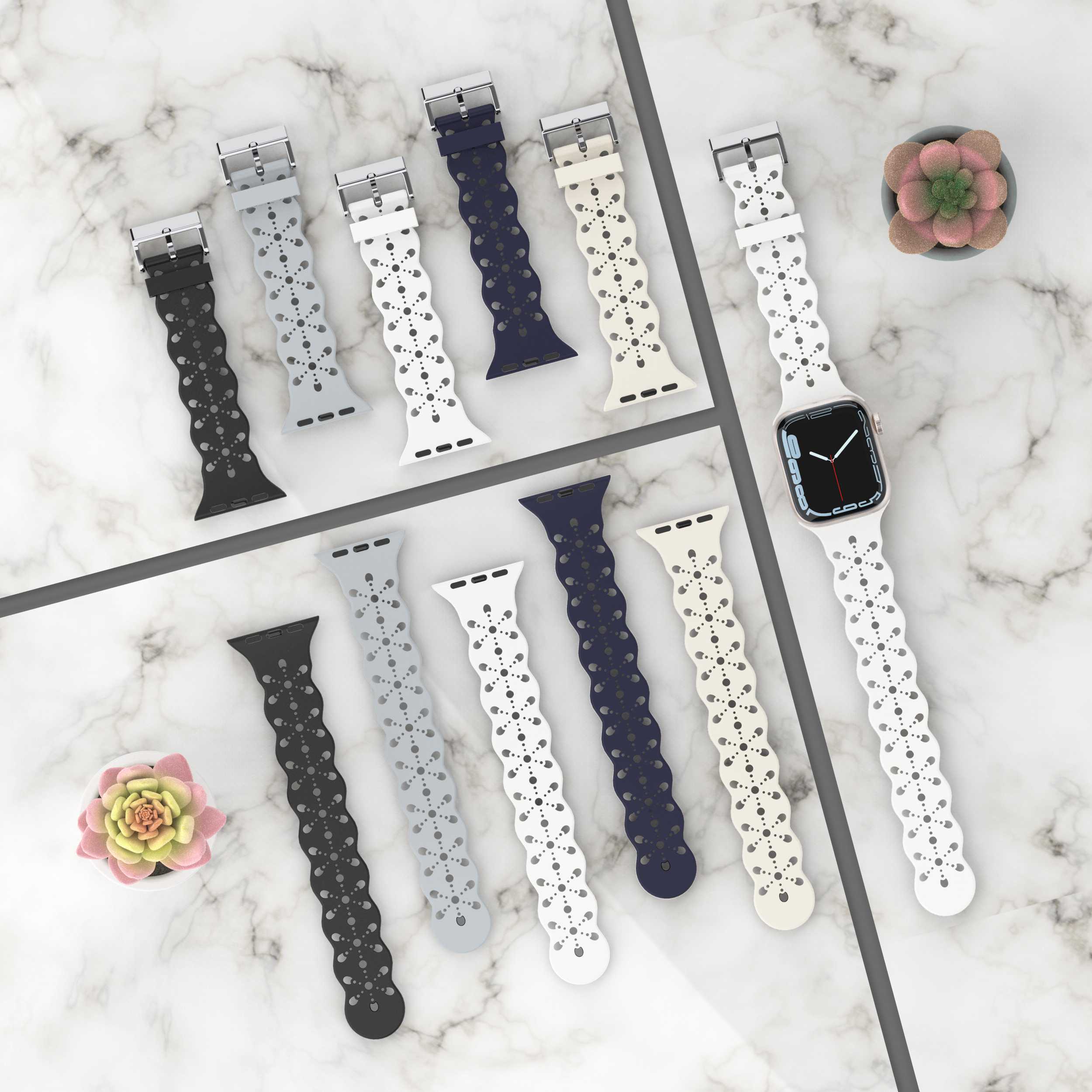 A057 For Apple Watch Ultra 2 49mm Series 9 45mm SE (2023) 44mm Ultra 49mm Series 8 7 45mm Series 6 5 4 SE 44mm SE (2022) 44mm Series 3 2 1 42mm Hollow-out Flower Pattern Watch Strap Adjustable Silicone Replacement Band