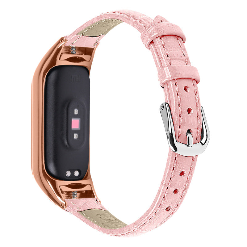 For Xiaomi Mi Band 7 Bamboo Grain Top Layer Cowhide Leather Buckle Design Watch Band with Rose Gold Watch Cover
