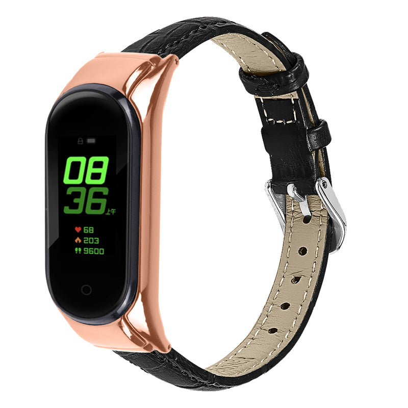 For Xiaomi Mi Band 7 Bamboo Grain Top Layer Cowhide Leather Buckle Design Watch Band with Rose Gold Watch Cover