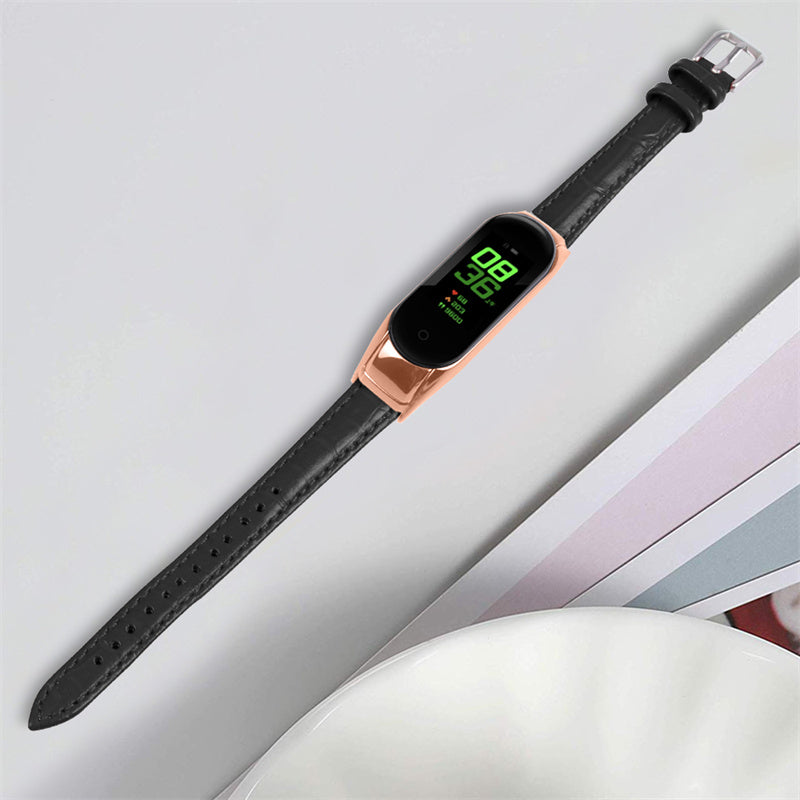 For Xiaomi Mi Band 7 Bamboo Grain Top Layer Cowhide Leather Buckle Design Watch Band with Rose Gold Watch Cover