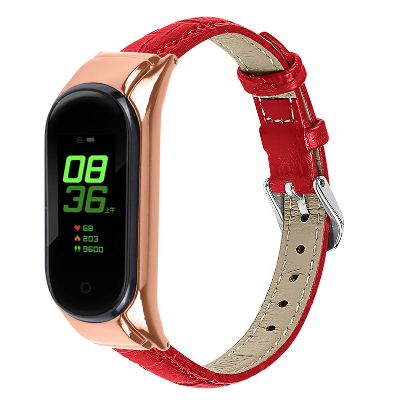For Xiaomi Mi Band 7 Bamboo Grain Top Layer Cowhide Leather Buckle Design Watch Band with Rose Gold Watch Cover