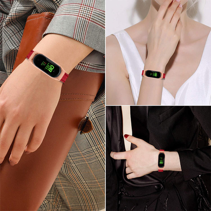 For Xiaomi Mi Band 7 Bamboo Grain Top Layer Cowhide Leather Buckle Design Watch Band with Rose Gold Watch Cover