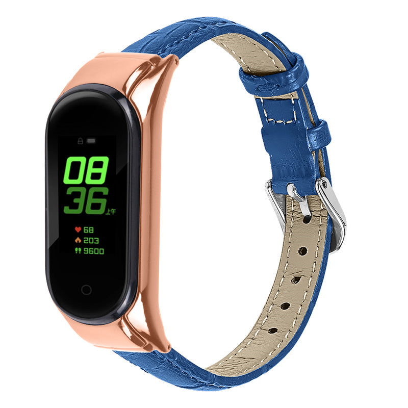 For Xiaomi Mi Band 7 Bamboo Grain Top Layer Cowhide Leather Buckle Design Watch Band with Rose Gold Watch Cover