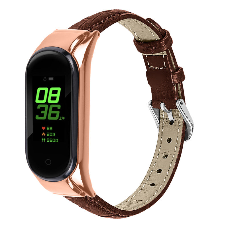 For Xiaomi Mi Band 7 Bamboo Grain Top Layer Cowhide Leather Buckle Design Watch Band with Rose Gold Watch Cover