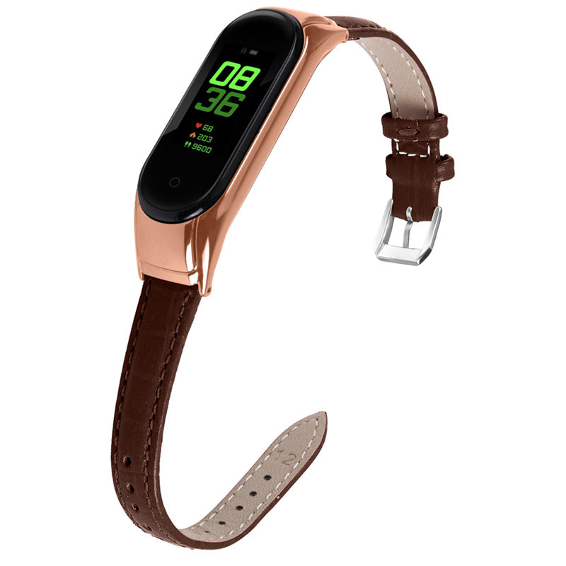 For Xiaomi Mi Band 7 Bamboo Grain Top Layer Cowhide Leather Buckle Design Watch Band with Rose Gold Watch Cover