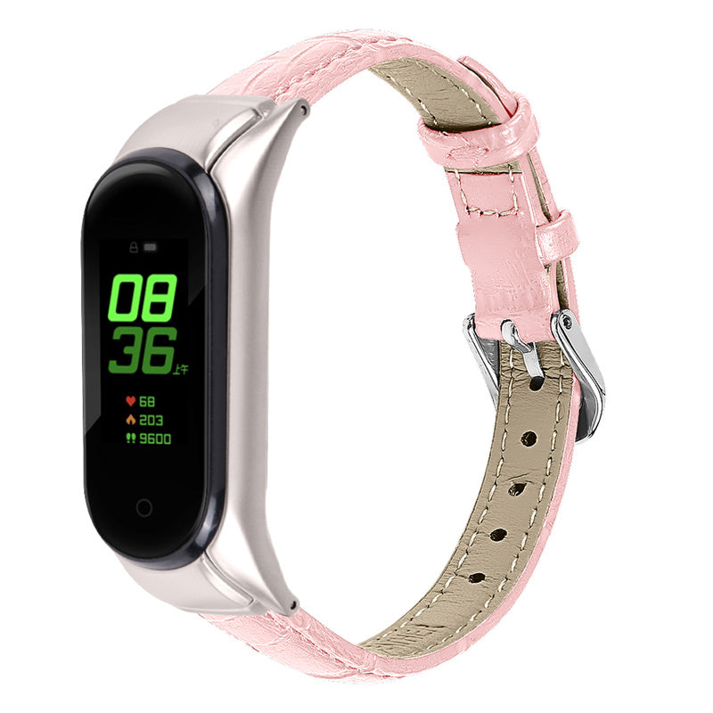 For Xiaomi Mi Band 7 Buckle Design Top Layer Cowhide Leather Bamboo Grain Adjustable Watch Band with Silver Protective Cover