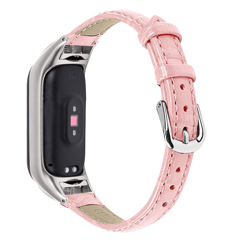 For Xiaomi Mi Band 7 Buckle Design Top Layer Cowhide Leather Bamboo Grain Adjustable Watch Band with Silver Protective Cover