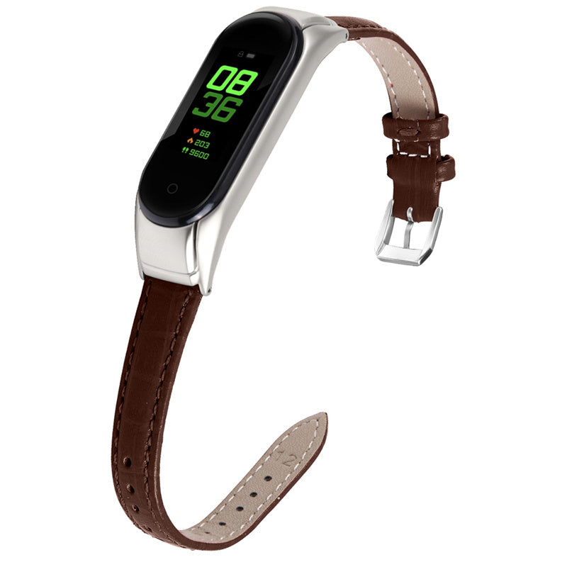 For Xiaomi Mi Band 7 Buckle Design Top Layer Cowhide Leather Bamboo Grain Adjustable Watch Band with Silver Protective Cover