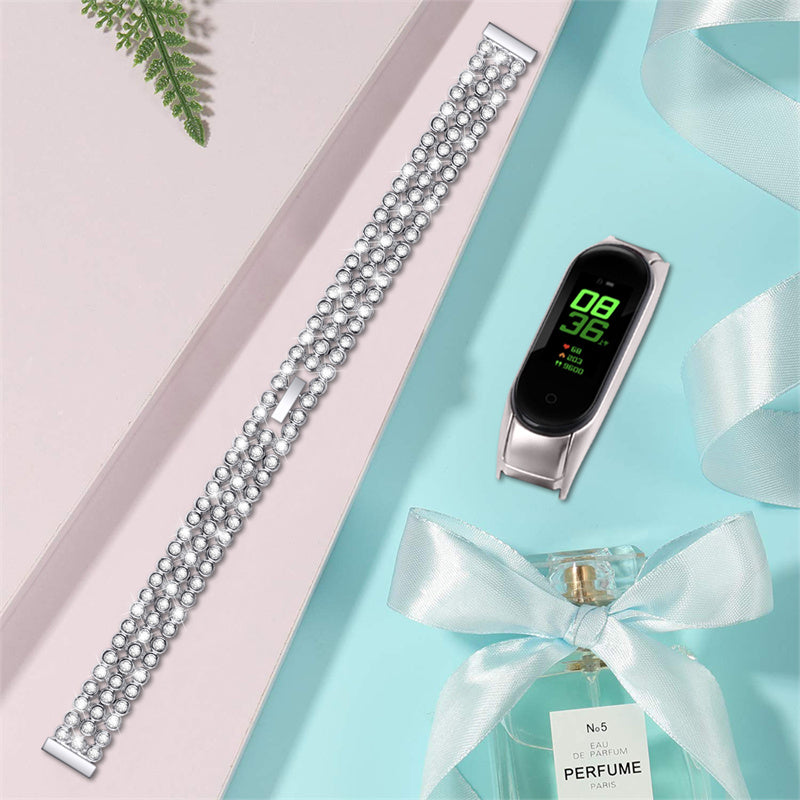 For Xiaomi Mi Band 7 Rhinestones Decor Replacement Strap Stainless Steel Round Beads Smart Watch Wristband