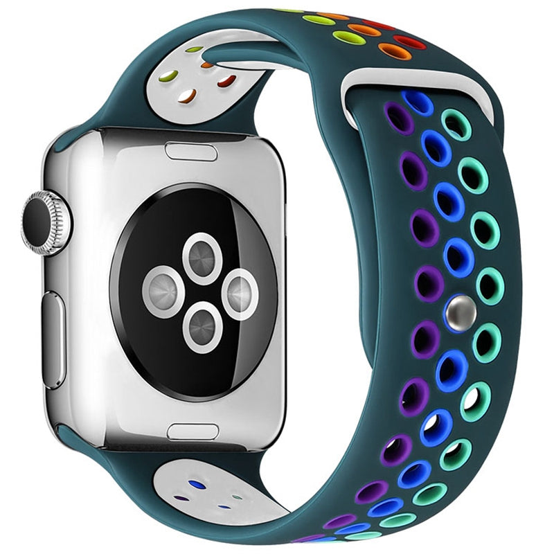For Apple Watch Series 9 8 7 41mm 6 5 4 SE (2023) SE(2022) SE 40mm 3 2 1 38mm Dual Color Rainbow Silicone Watch Strap Adjustable Wrist Band
