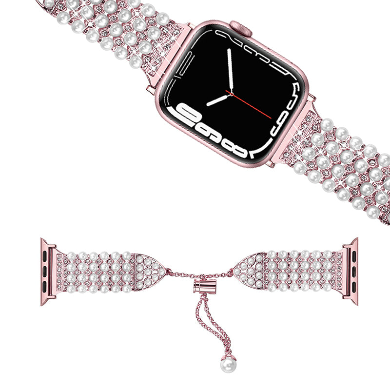 For Apple Watch Ultra 2 49mm Series 9 45mm SE (2023) 44mm Ultra 49mm 8 7 45mm 6 5 4 SE (2022) SE 44mm 3 2 1 42mm Stylish Pearls Rhinestone Decor Bracelet Metal Watch Band Wrist Strap
