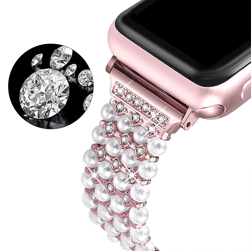 For Apple Watch Ultra 2 49mm Series 9 45mm SE (2023) 44mm Ultra 49mm 8 7 45mm 6 5 4 SE (2022) SE 44mm 3 2 1 42mm Stylish Pearls Rhinestone Decor Bracelet Metal Watch Band Wrist Strap
