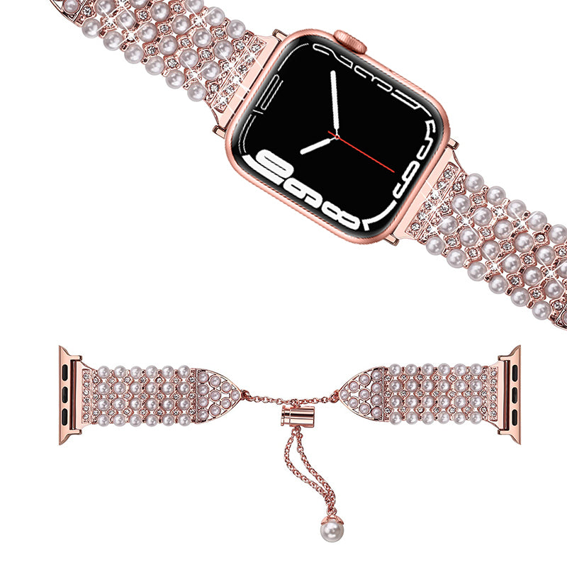 For Apple Watch Ultra 2 49mm Series 9 45mm SE (2023) 44mm Ultra 49mm 8 7 45mm 6 5 4 SE (2022) SE 44mm 3 2 1 42mm Stylish Pearls Rhinestone Decor Bracelet Metal Watch Band Wrist Strap