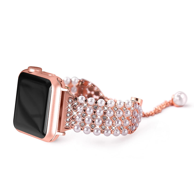 For Apple Watch Series 9 8 7 41mm SE (2023) SE (2020) SE 4 5 6 40mm 3 2 1 38mm Fashionable Pearls Rhinestone Decor Bracelet Metal Watch Band Replacement Wrist Strap