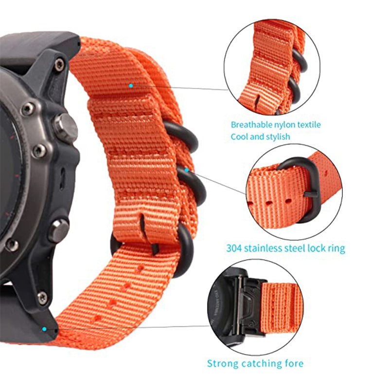 For Garmin Fenix 7 6 Pro Forerunner 935 945 22mm Nylon Smart Watch Strap Stainless Steel Three Loops Replacement Wrist Band