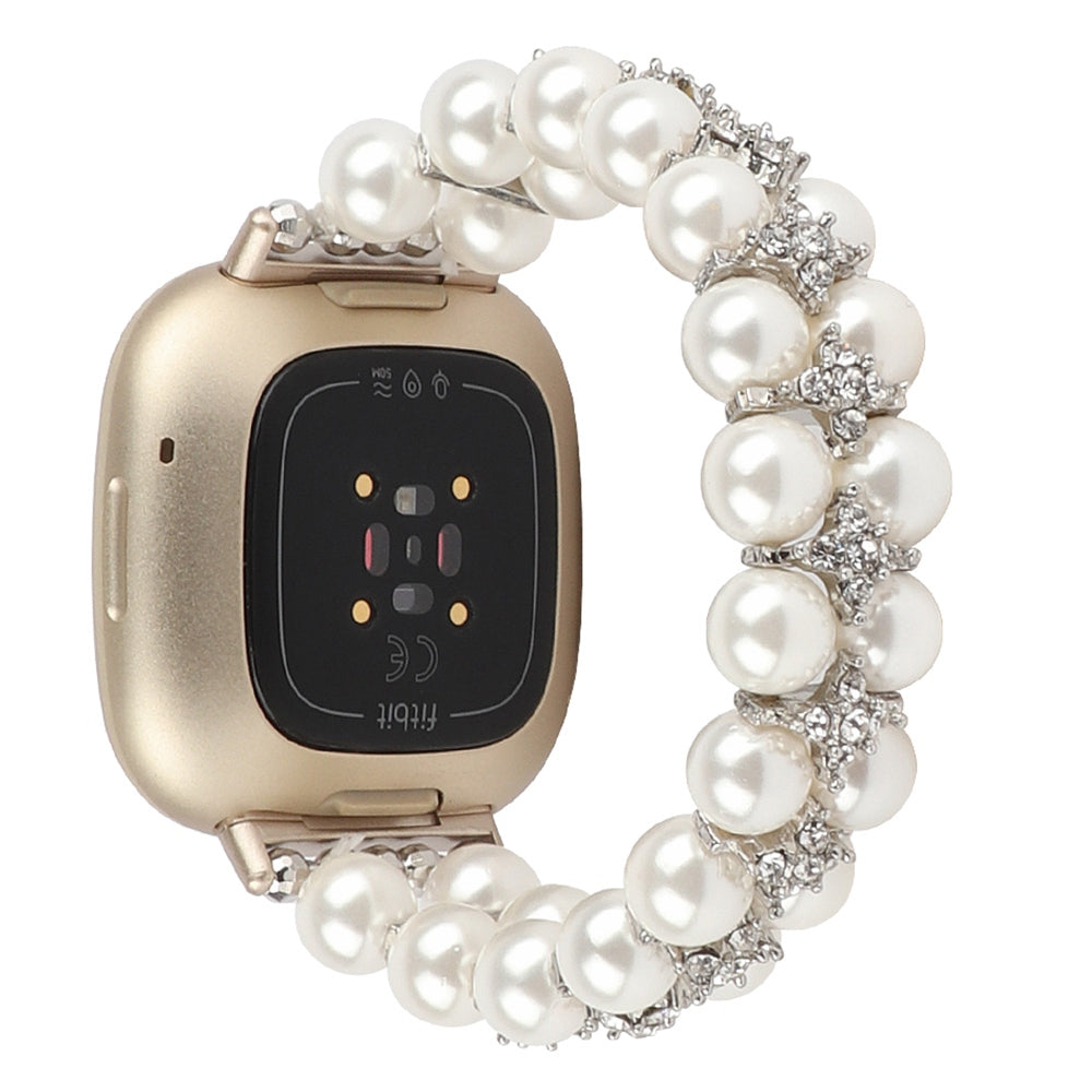 For Fitbit Versa 3 Sense Two Rows Rhinestone Pearl Bracelet Wrist Strap Replacement Smart Watch Band