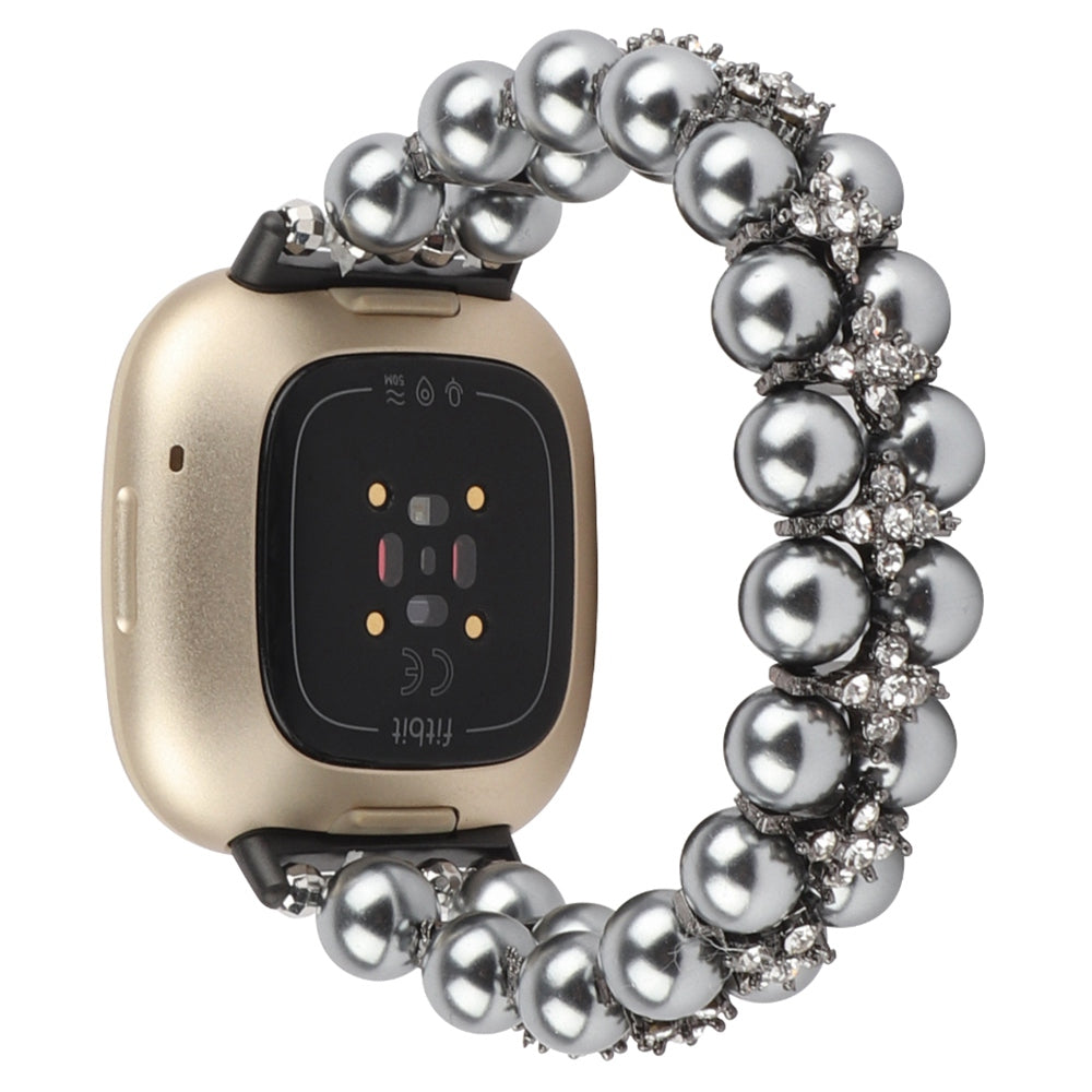For Fitbit Versa 3 Sense Two Rows Rhinestone Pearl Bracelet Wrist Strap Replacement Smart Watch Band