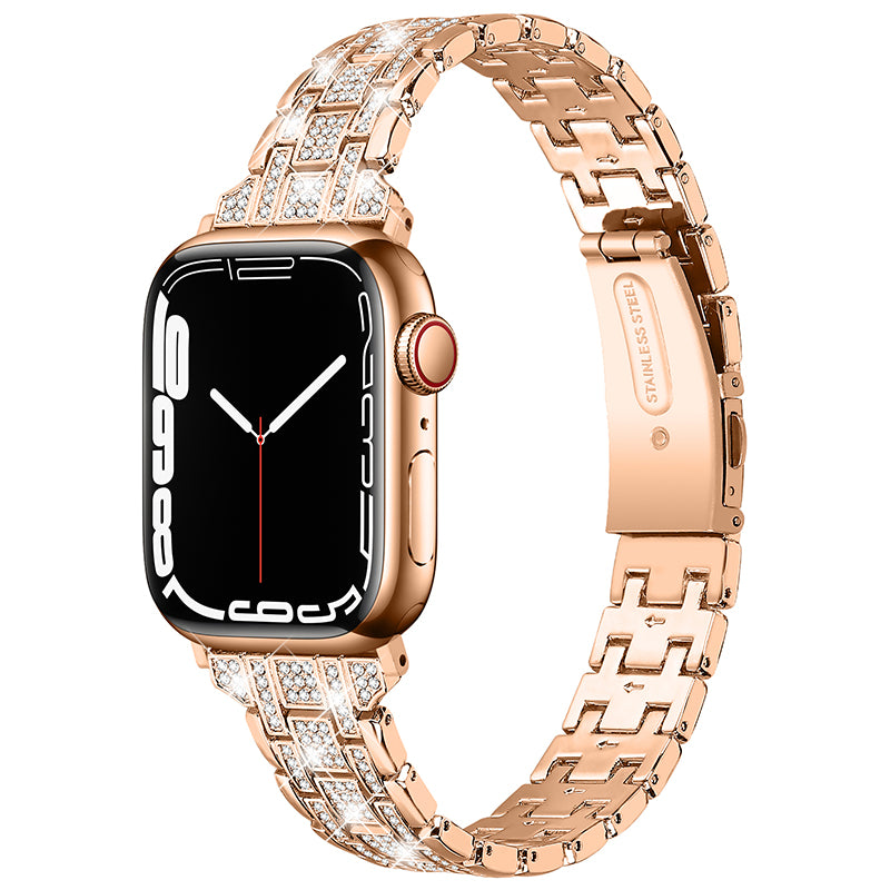 For Apple Watch Series 9 8 7 41mm 6 5 4 SE (2023) SE (2022) SE 40mm 3 2 1 38mm Rhinestone + Stainless Steel 5 Rows Watch Band Double Buckle Wrist Strap