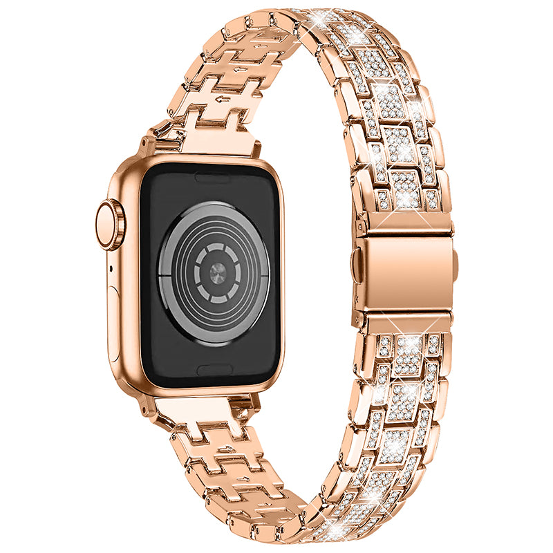 For Apple Watch Series 9 8 7 41mm 6 5 4 SE (2023) SE (2022) SE 40mm 3 2 1 38mm Rhinestone + Stainless Steel 5 Rows Watch Band Double Buckle Wrist Strap
