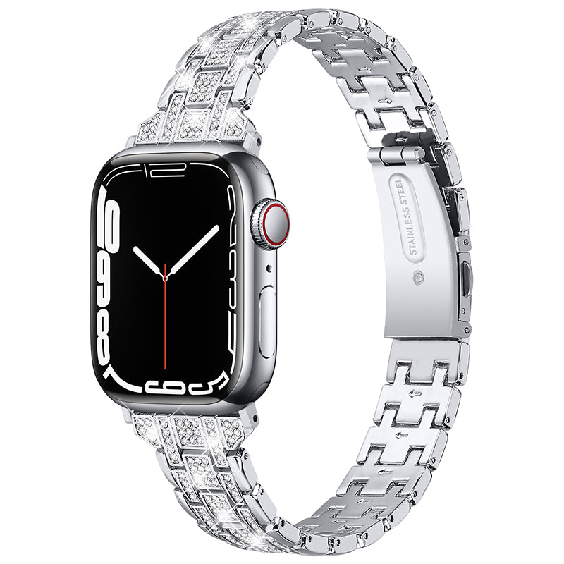 For Apple Watch Series 9 8 7 41mm 6 5 4 SE (2023) SE (2022) SE 40mm 3 2 1 38mm Rhinestone + Stainless Steel 5 Rows Watch Band Double Buckle Wrist Strap