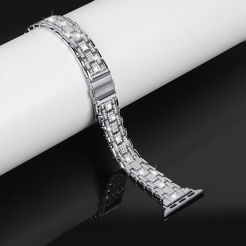 For Apple Watch Series 9 8 7 41mm 6 5 4 SE (2023) SE (2022) SE 40mm 3 2 1 38mm Rhinestone + Stainless Steel 5 Rows Watch Band Double Buckle Wrist Strap