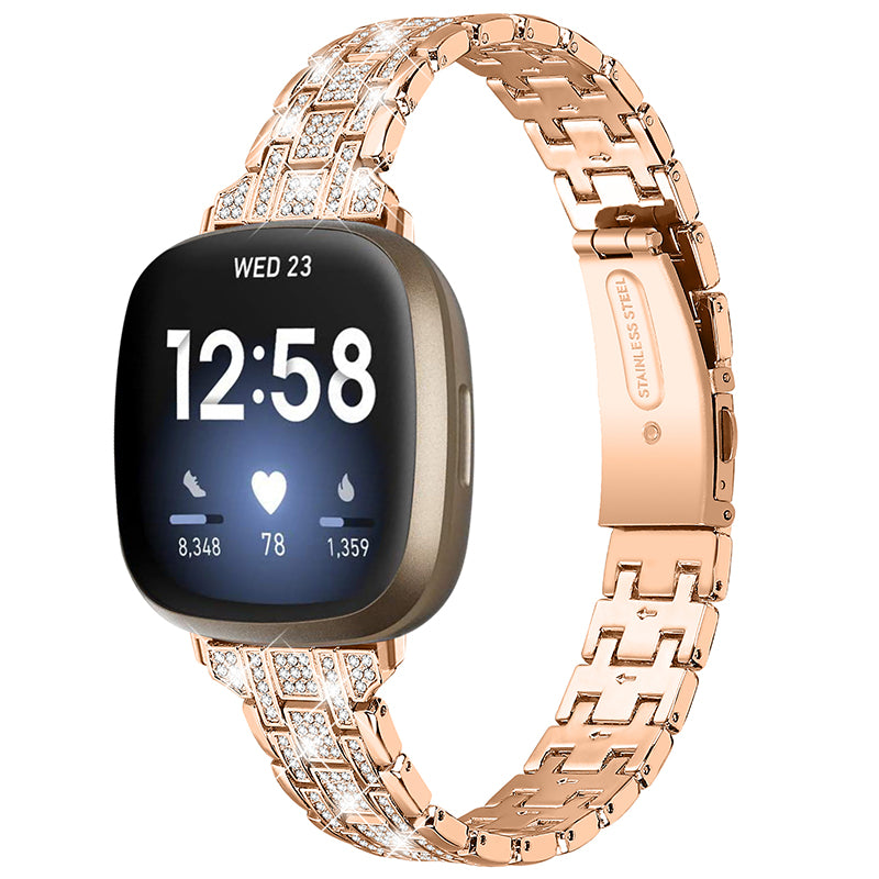 For Fitbit Versa 3 Sense 5 Rows Rhinestone Stainless Steel Double Buckle Watch Band Wrist Strap