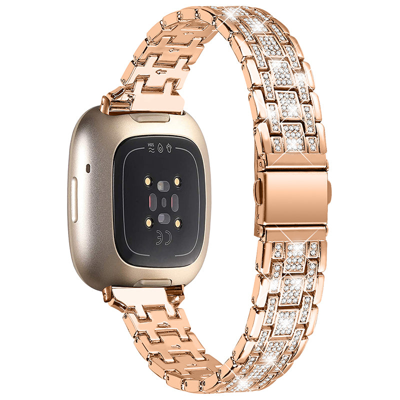 For Fitbit Versa 3 Sense 5 Rows Rhinestone Stainless Steel Double Buckle Watch Band Wrist Strap