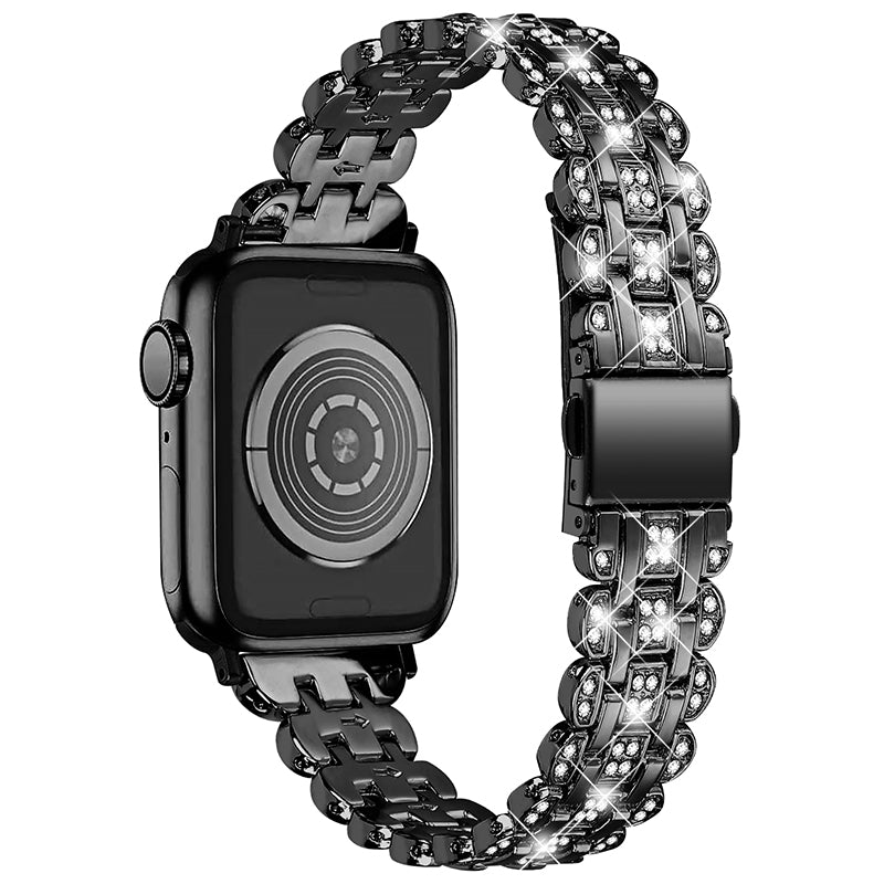 For Apple Watch Series 7 45mm Hard PC Anti-drop Watch Case + Rhinestone Decor Stainless Steel Wrist Strap Watch Band