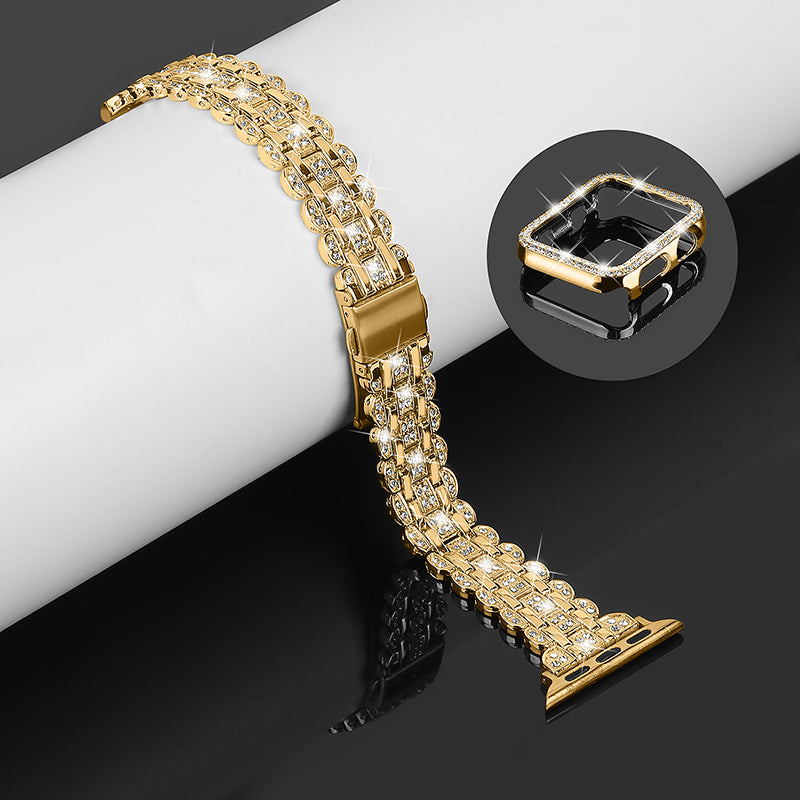 For Apple Watch Series 7 45mm Hard PC Anti-drop Watch Case + Rhinestone Decor Stainless Steel Wrist Strap Watch Band