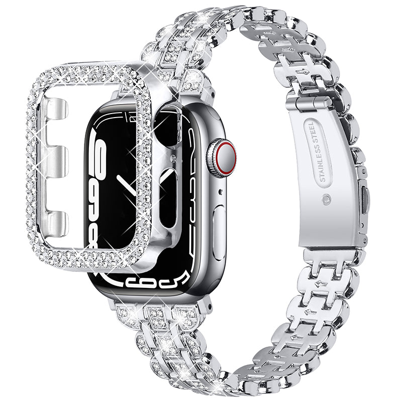 For Apple Watch Series 7 45mm Hard PC Anti-drop Watch Case + Rhinestone Decor Stainless Steel Wrist Strap Watch Band