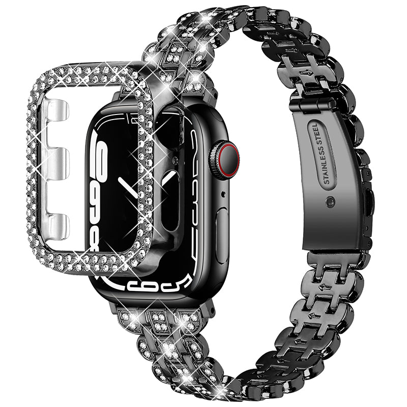 For Apple Watch Series 7 41mm Hard PC Watch Case + Rhinestone Decor Watch Band Stainless Steel Wrist Strap