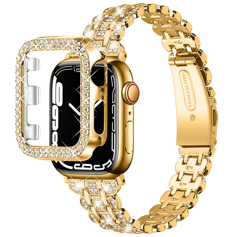 For Apple Watch Series 7 41mm Hard PC Watch Case + Rhinestone Decor Watch Band Stainless Steel Wrist Strap