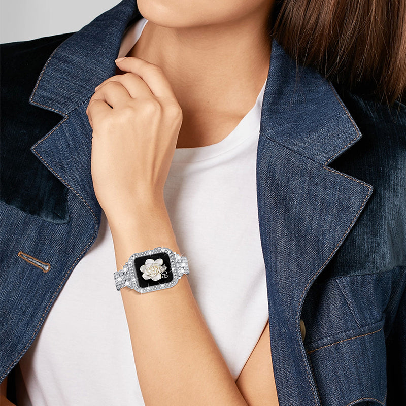 For Apple Watch Series 7 41mm Hard PC Watch Case + Rhinestone Decor Watch Band Stainless Steel Wrist Strap