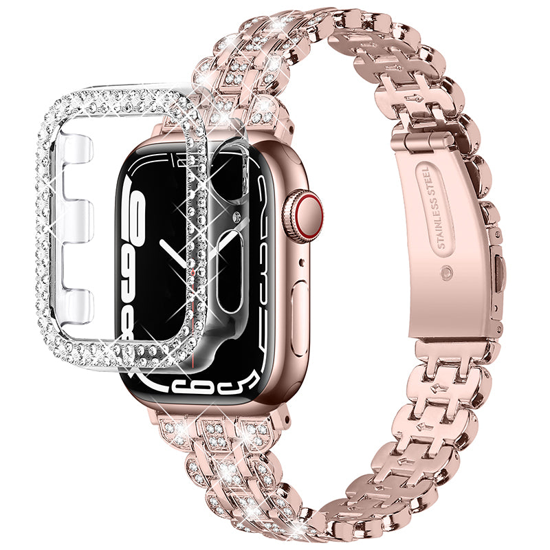 For Apple Watch Series 1 2 3 42mm Rhinestone Decor Stainless Steel Wrist Strap Watch Band with Hollow-out PC Watch Cover