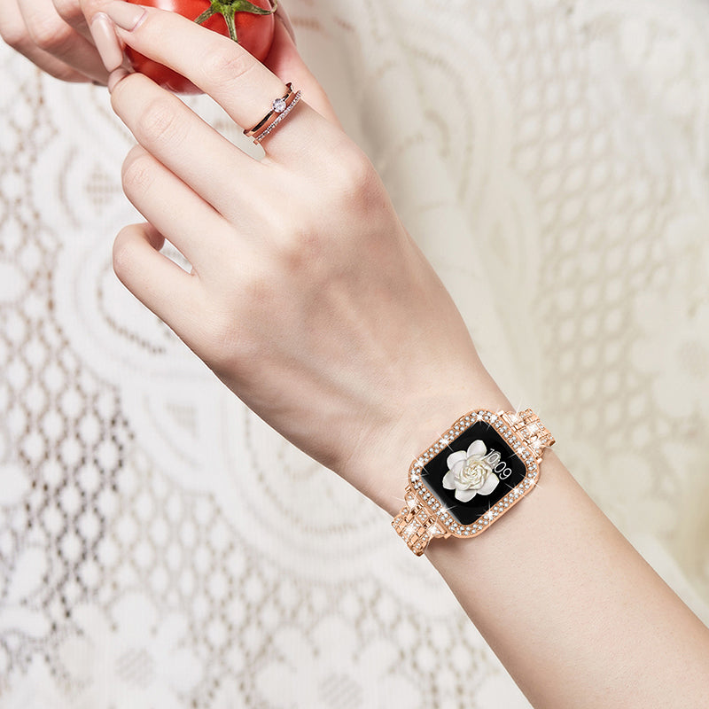 For Apple Watch Series 1 2 3 42mm Rhinestone Decor Stainless Steel Wrist Strap Watch Band with Hollow-out PC Watch Cover