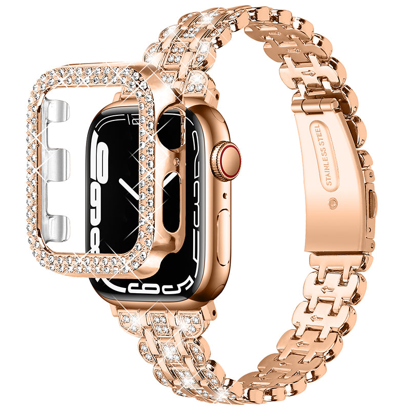 For Apple Watch Series 1 2 3 38mm Rhinestone Decor Stainless Steel Smart Watch Band with Hollow-out PC Watch Case