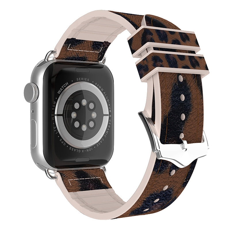 For Apple Watch Series 9 8 7 41mm 6 5 4 SE (2023) SE(2022) SE 40mm 3 2 1 38mm Leopard Pattern Silicone Coated Leather Smart Watch Band Wrist Strap